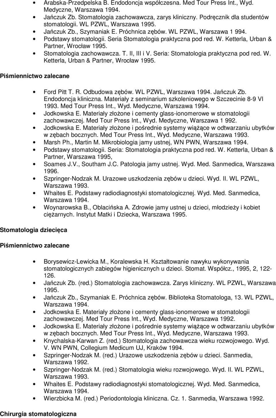 Stomatologia zachowawcza. T. II, III i V. Seria: Stomatologia praktyczna pod red. W. Ketterla, Urban & Partner, Wrocław 1995. Piśmiennictwo zalecane Ford Pitt T. R. Odbudowa zębów.