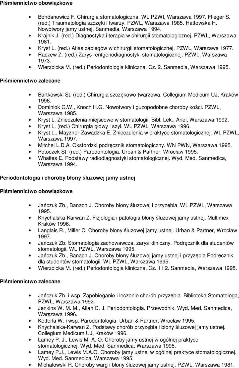 Raczew Z. (red.) Zarys rentgenodiagnostyki stomatologicznej. PZWL, Warszawa 1973. Wierzbicka M. (red.) Periodontologia kliniczna. Cz. 2. Sanmedia, Warszawa 1995. Piśmiennictwo zalecane Bartkowski St.