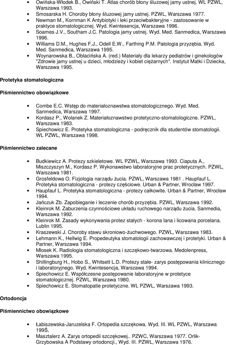 Sanmedica, Warszawa 1996. Williams D.M., Hughes F.J., Odell E.W., Farthing P.M. Patologia przyzębia. Wyd. Med. Sanmedica, Warszawa 1995. Woynarowska B., Oblacińska A. (red.