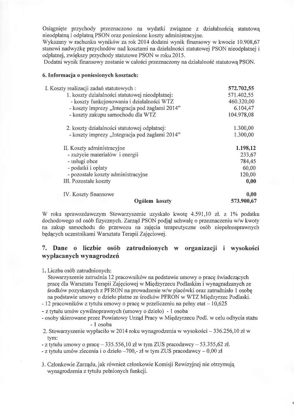 908,67 stanowi nadwyżkę przychodów nad kosztami na działalności statutowej PSON nieodpłatnej i odpłatnej, zwiększy przychody statutowe PSON w roku 2015.