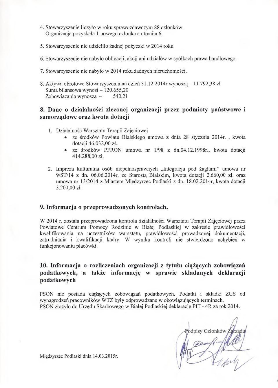 2014r wynoszą- 11.792,38 zł Suma bilansowa wynosi - 120.655,20 Zobowiązania wynoszą - 540,21 8. Dane o działalności zleconej organizacji przez podmioty państwowe i samorządowe oraz kwota dotacji 1.