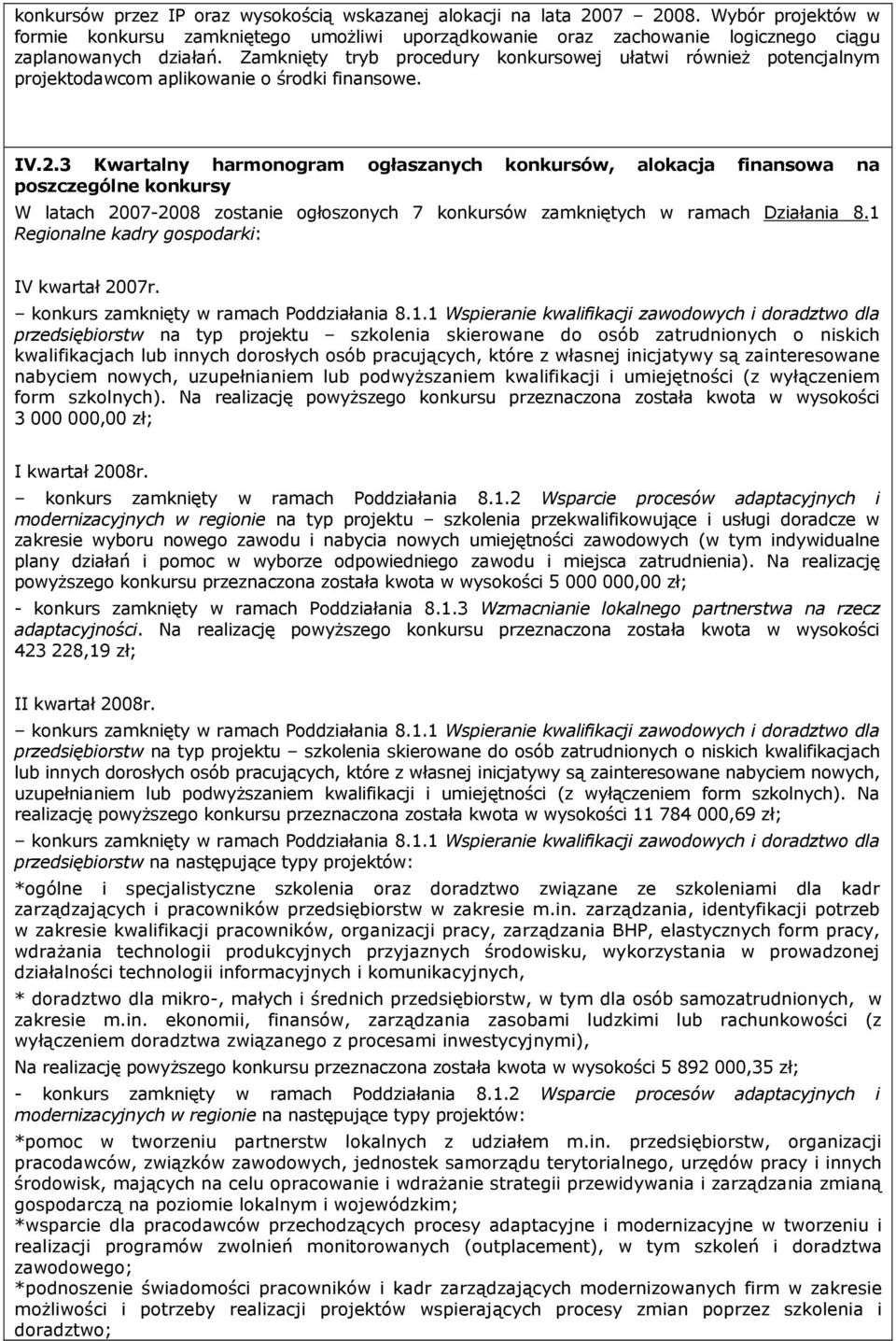 3 Kwartalny harmonogram ogłaszanych konkursów, alokacja finansowa na poszczególne konkursy W latach 2007-2008 zostanie ogłoszonych 7 konkursów zamkniętych w ramach Działania 8.