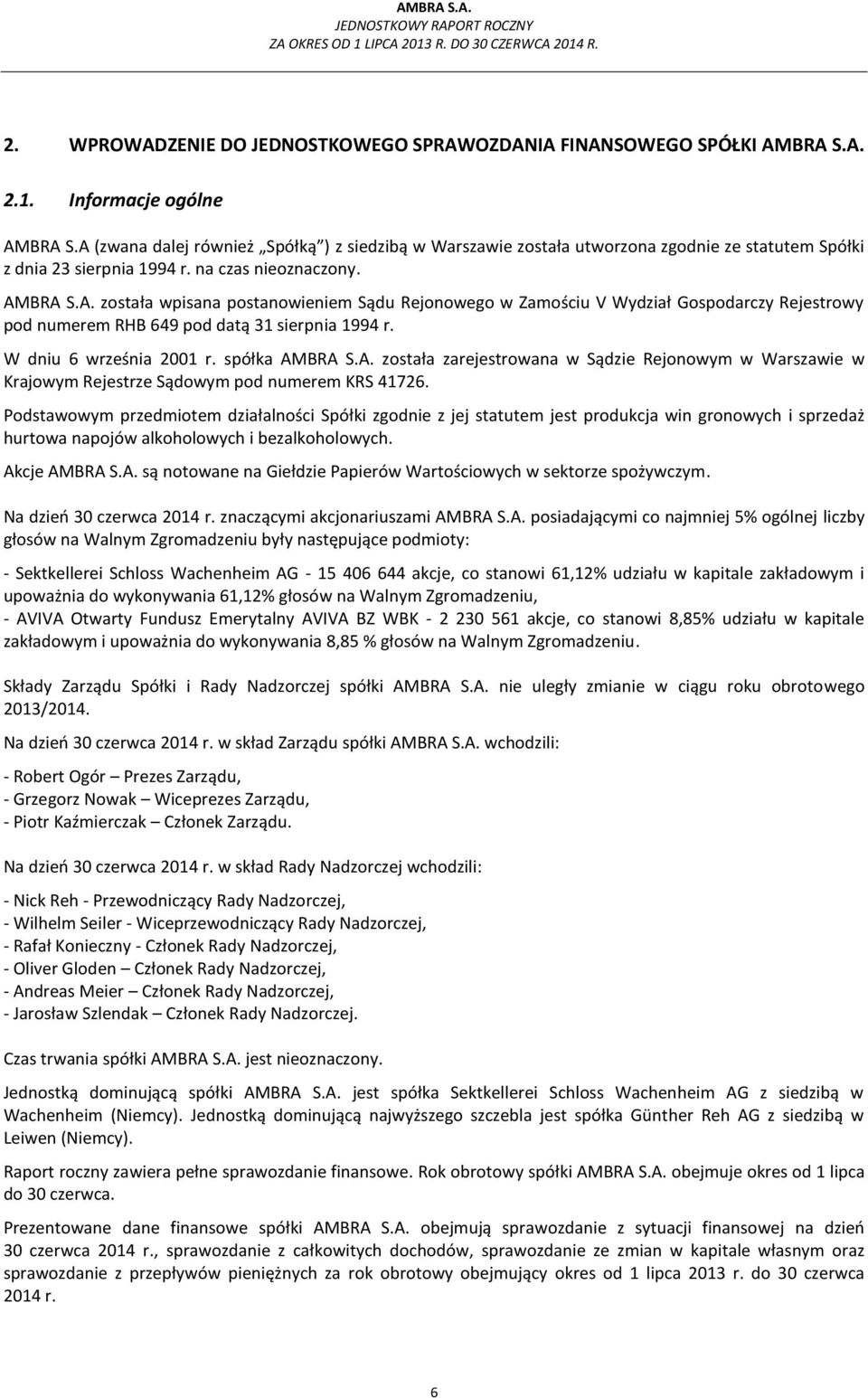 W dniu 6 września 2001 r. spółka AMBRA S.A. została zarejestrowana w Sądzie Rejonowym w Warszawie w Krajowym Rejestrze Sądowym pod numerem KRS 41726.