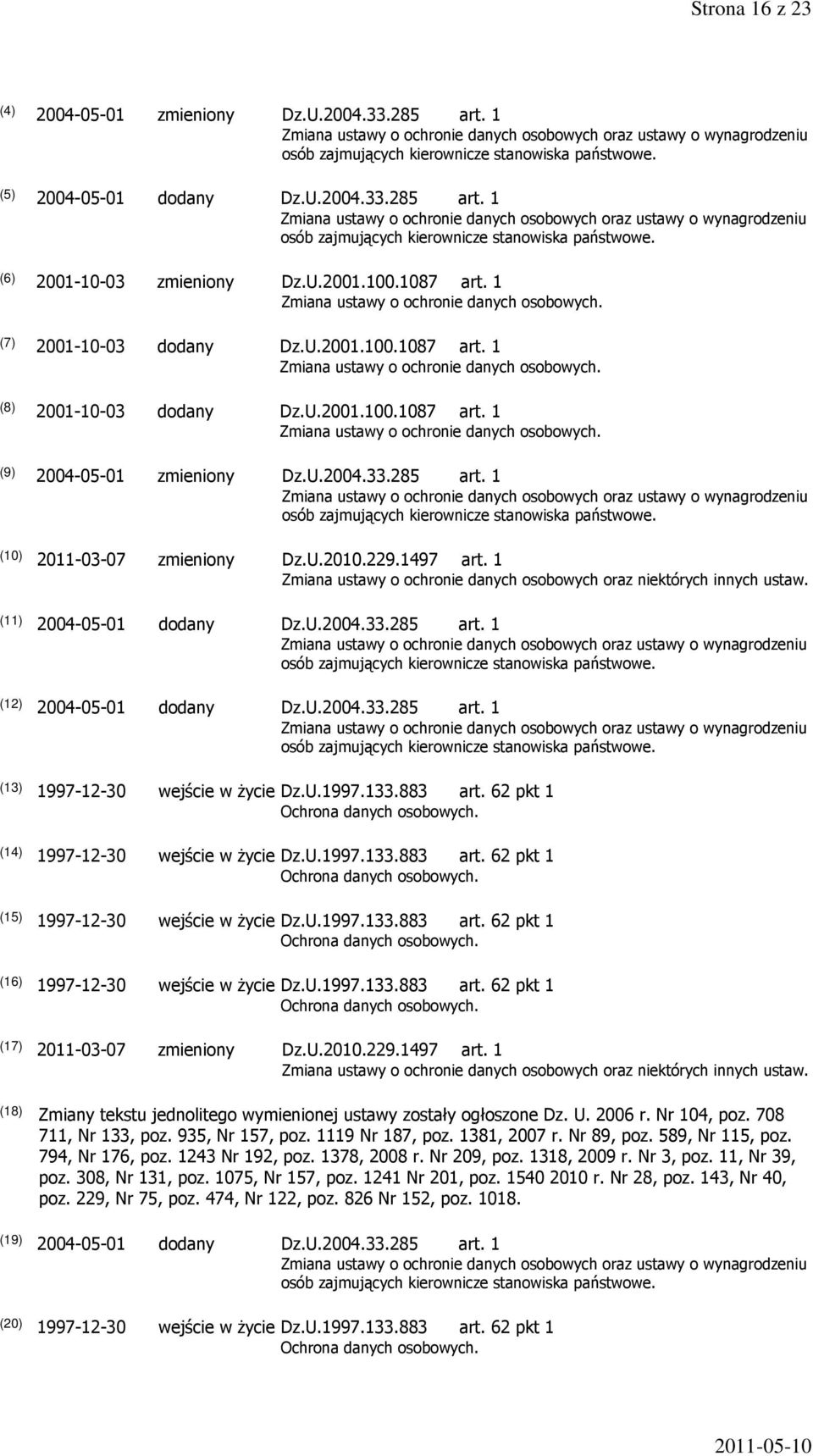 U.2010.229.1497 art. 1 (18) Zmiany tekstu jednolitego wymienionej ustawy zostały ogłoszone Dz. U. 2006 r. Nr 104, poz. 708 711, Nr 133, poz. 935, Nr 157, poz. 1119 Nr 187, poz. 1381, 2007 r.