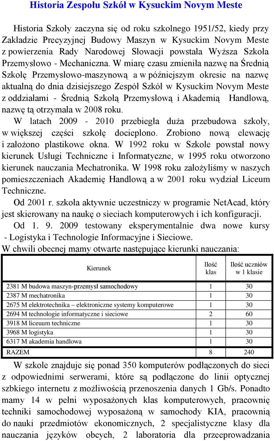 W miarę czasu zmieniła nazwę na Średnią Szkołę Przemysłowo-maszynową a w późniejszym okresie na nazwę aktualną do dnia dzisiejszego Zespół Szkół w Kysuckim Novym Meste z oddziałami - Średnią Szkołą