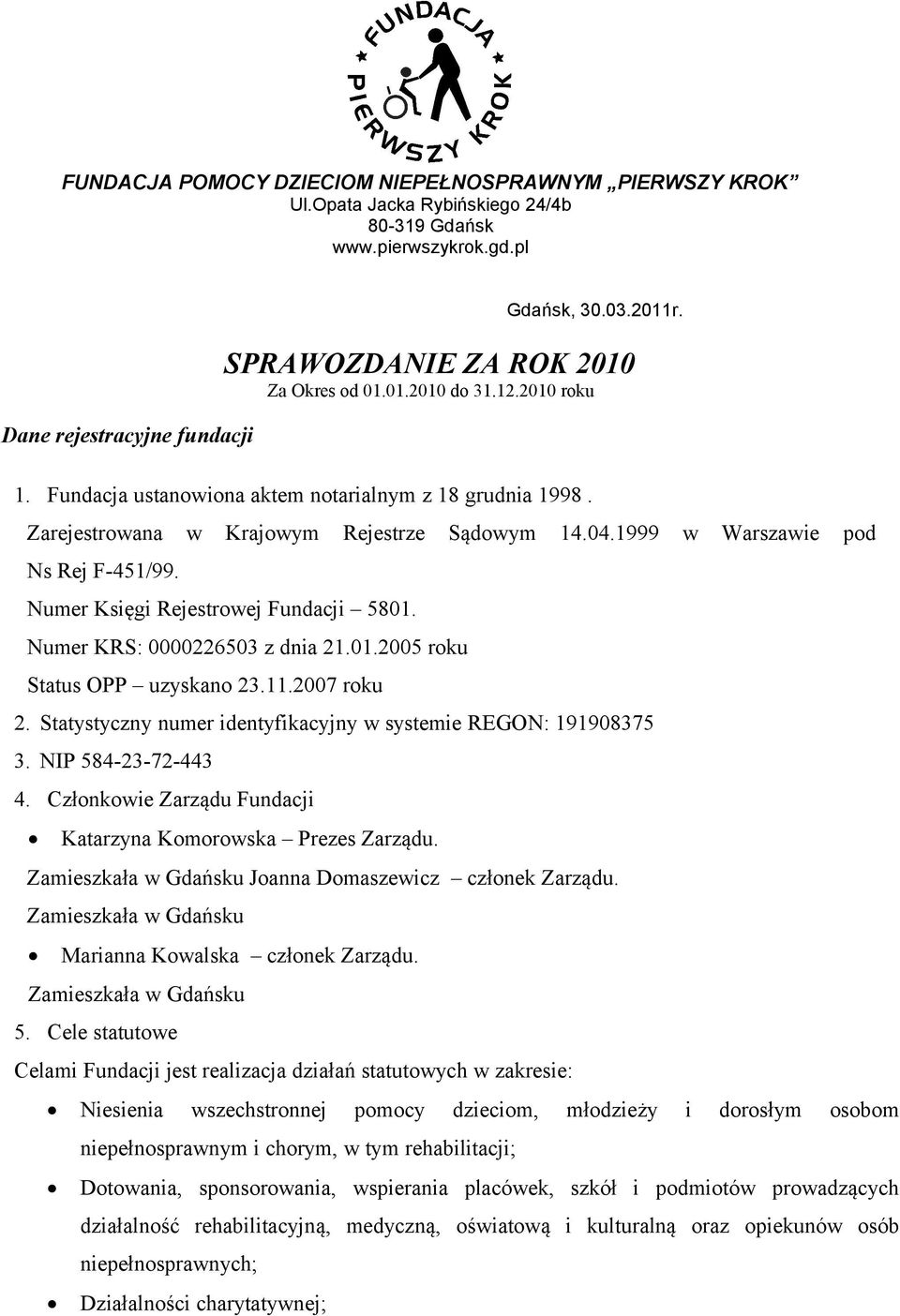 1999 w Warszawie pod Ns Rej F-451/99. Numer Księgi Rejestrowej Fundacji 5801. Numer KRS: 0000226503 z dnia 21.01.2005 roku Status OPP uzyskano 23.11.2007 roku 2.