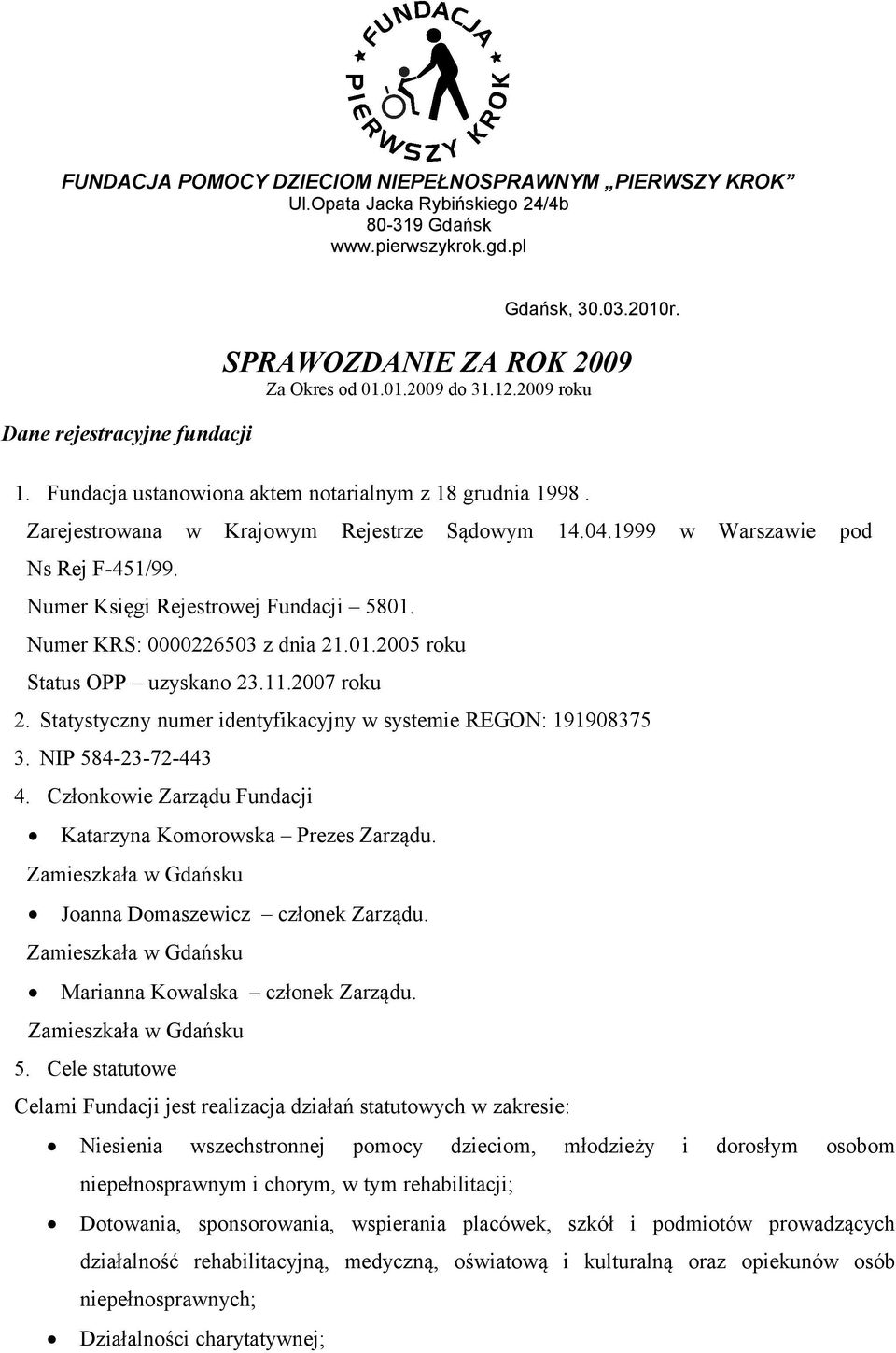 1999 w Warszawie pod Ns Rej F-451/99. Numer Księgi Rejestrowej Fundacji 5801. Numer KRS: 0000226503 z dnia 21.01.2005 roku Status OPP uzyskano 23.11.2007 roku 2.