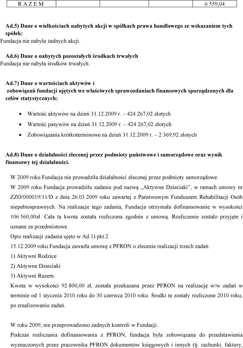 424 267,02 złotych Wartość pasywów na dzień 31.12.2009 r. 424 267,02 złotych Zobowiązania krótkoterminowe na dzień 31.12.2009 r. 2 369,92 złotych Ad.