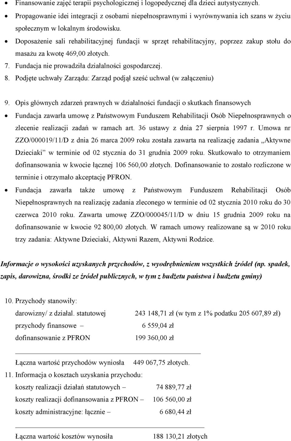 Doposażenie sali rehabilitacyjnej fundacji w sprzęt rehabilitacyjny, poprzez zakup stołu do masażu za kwotę 469,00 złotych. 7. Fundacja nie prowadziła działalności gospodarczej. 8.