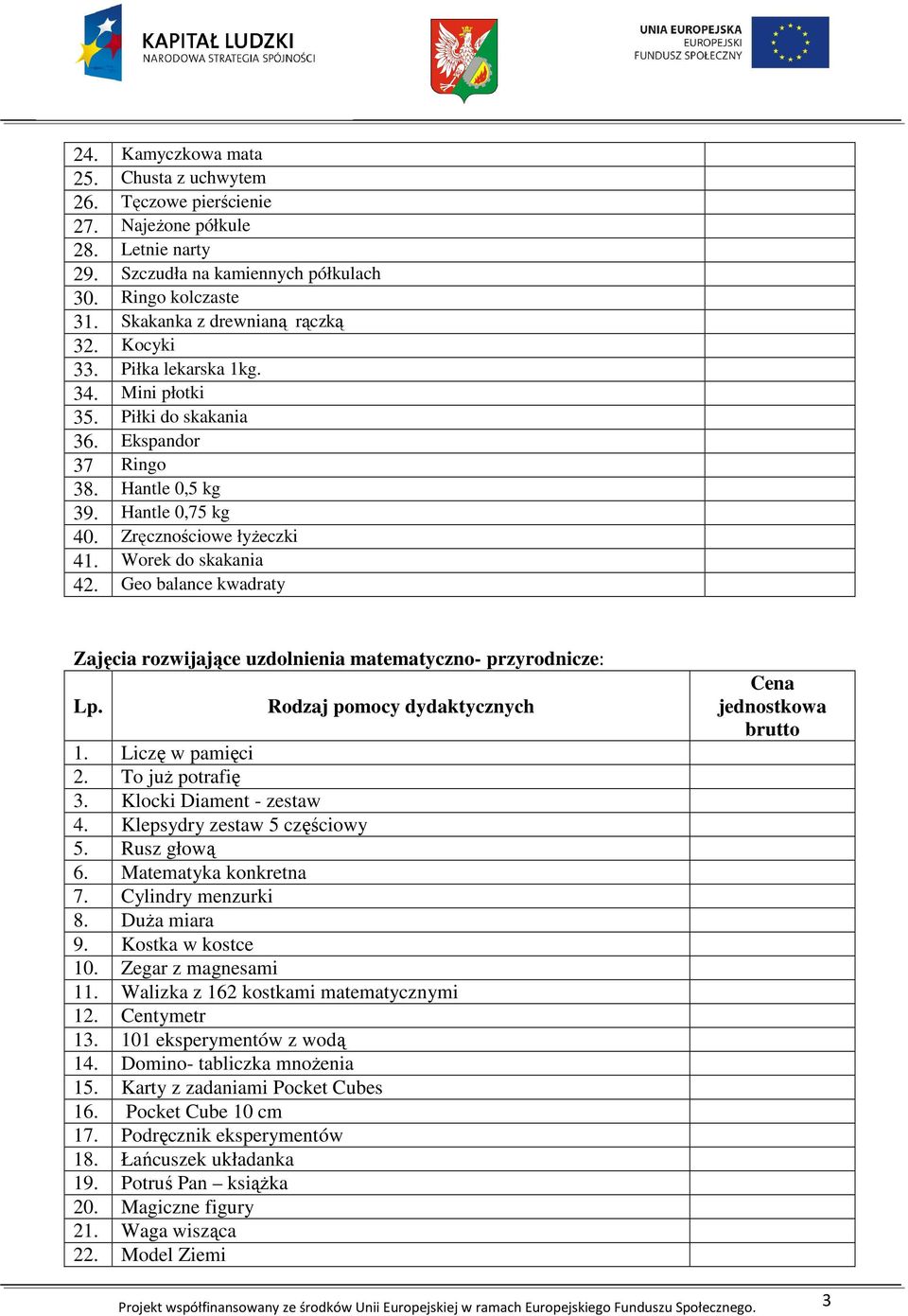 Geo balance kwadraty Zajęcia rozwijające uzdolnienia matematyczno- przyrodnicze: Rodzaj pomocy dydaktycznych 1. Liczę w pamięci 2. To już potrafię 3. Klocki Diament - zestaw 4.