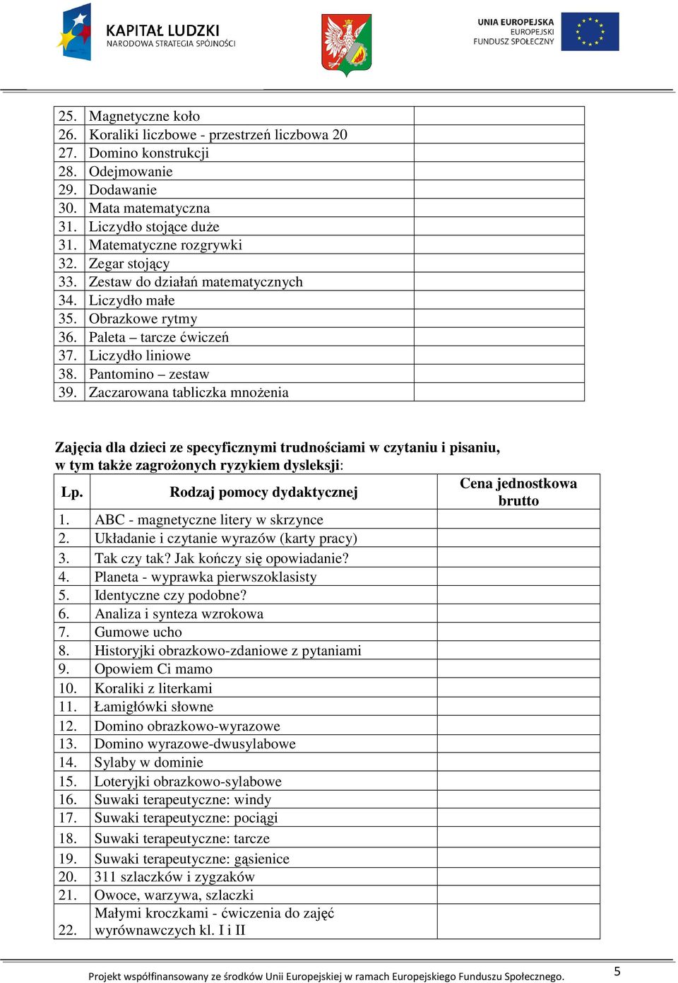 Zaczarowana tabliczka mnożenia Zajęcia dla dzieci ze specyficznymi trudnościami w czytaniu i pisaniu, w tym także zagrożonych ryzykiem dysleksji: Rodzaj pomocy dydaktycznej 1.