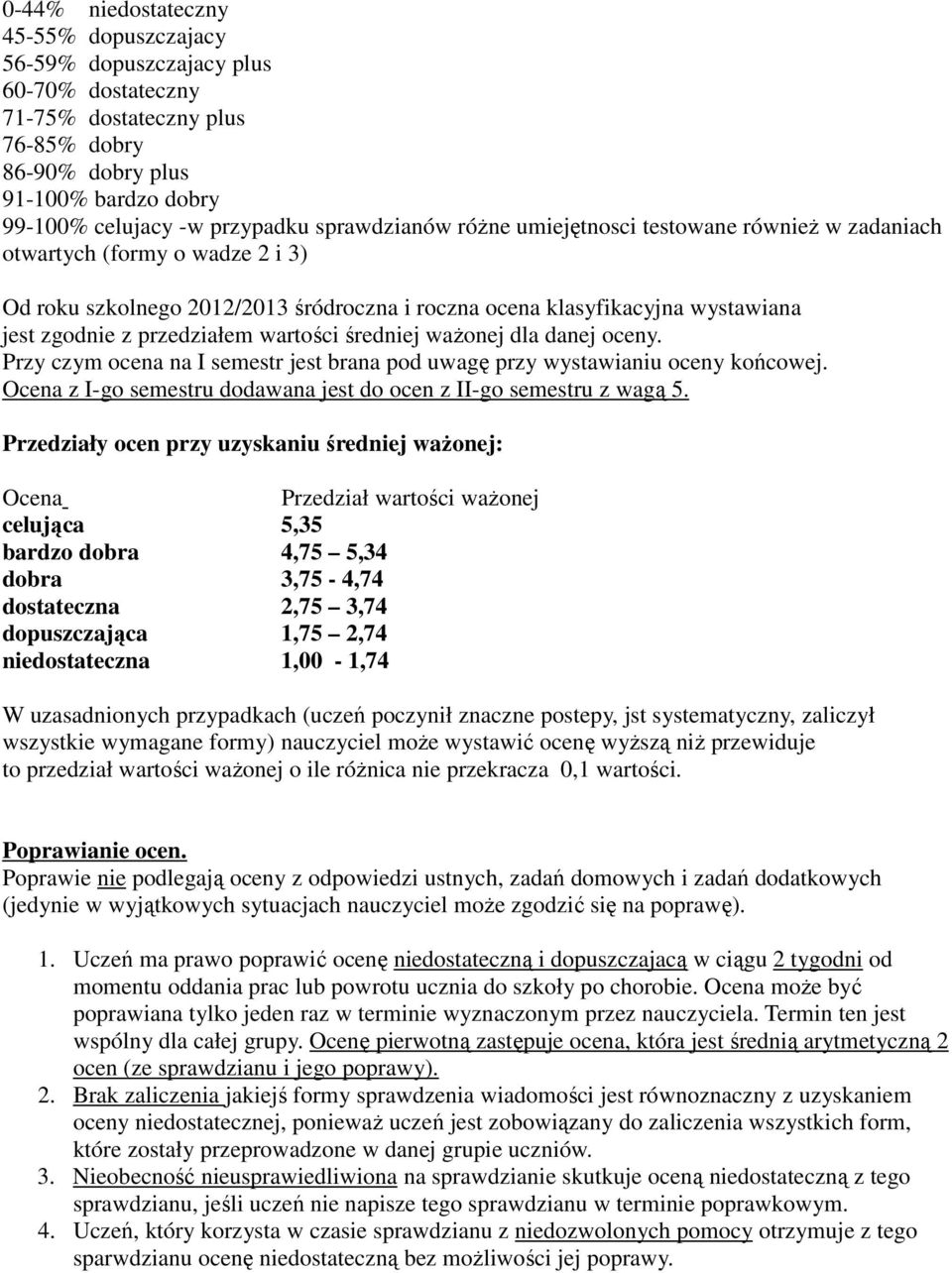 przedziałem wartości średniej waŝonej dla danej oceny. Przy czym ocena na I semestr jest brana pod uwagę przy wystawianiu oceny końcowej.