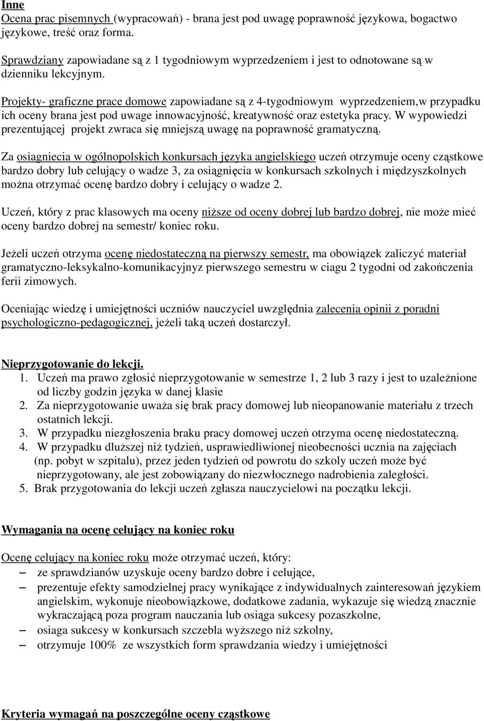 Projekty- graficzne prace domowe zapowiadane są z 4-tygodniowym wyprzedzeniem,w przypadku ich oceny brana jest pod uwage innowacyjność, kreatywność oraz estetyka pracy.