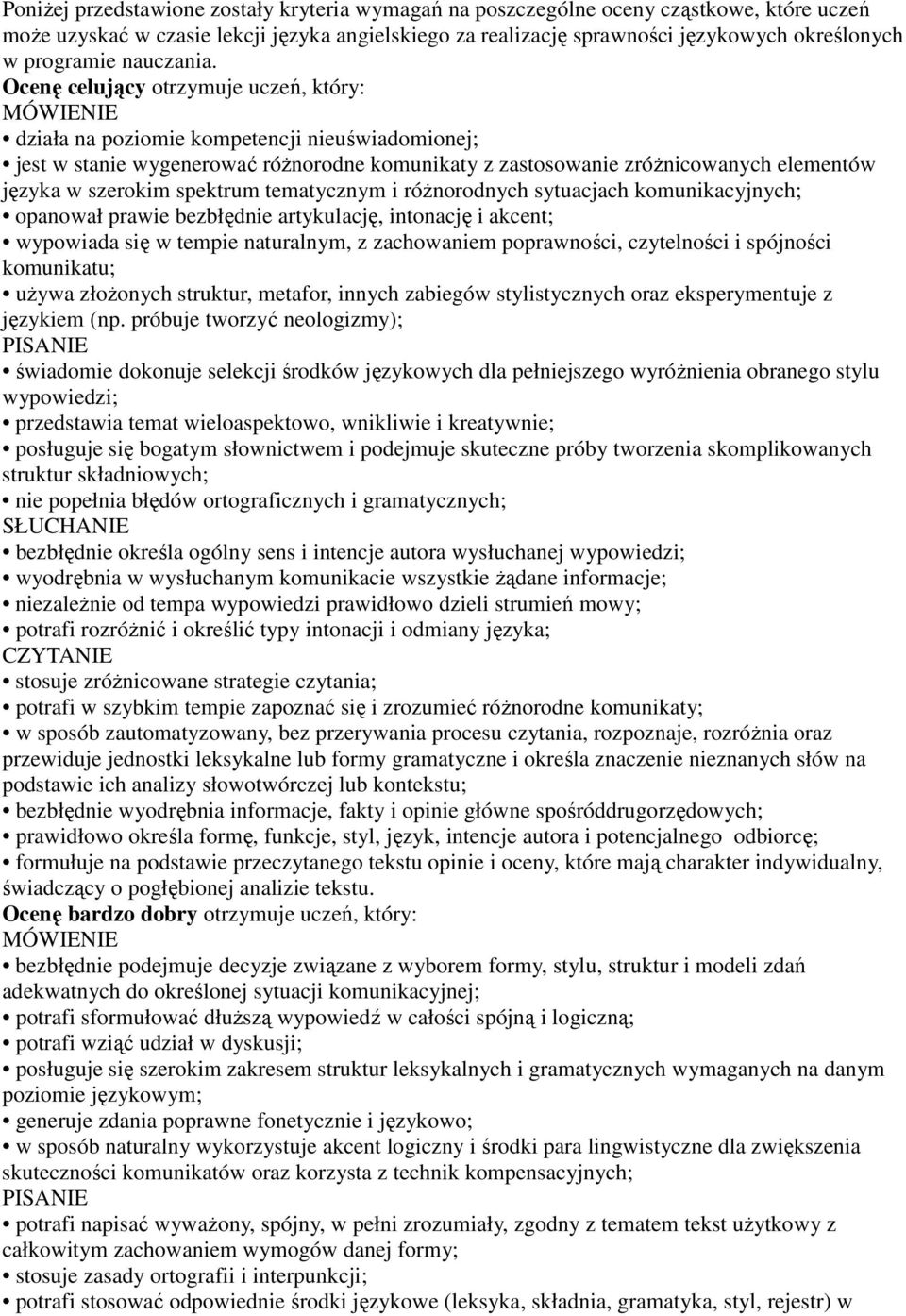 Ocenę celujący otrzymuje uczeń, który: działa na poziomie kompetencji nieuświadomionej; jest w stanie wygenerować róŝnorodne komunikaty z zastosowanie zróŝnicowanych elementów języka w szerokim