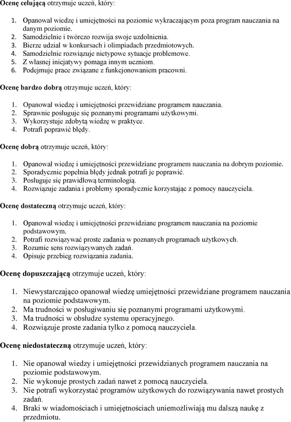 Podejmuje prace związane z funkcjonowaniem pracowni. Ocenę bardzo dobrą otrzymuje uczeń, który: 1. Opanował wiedzę i umiejętności przewidziane programem nauczania. 2.