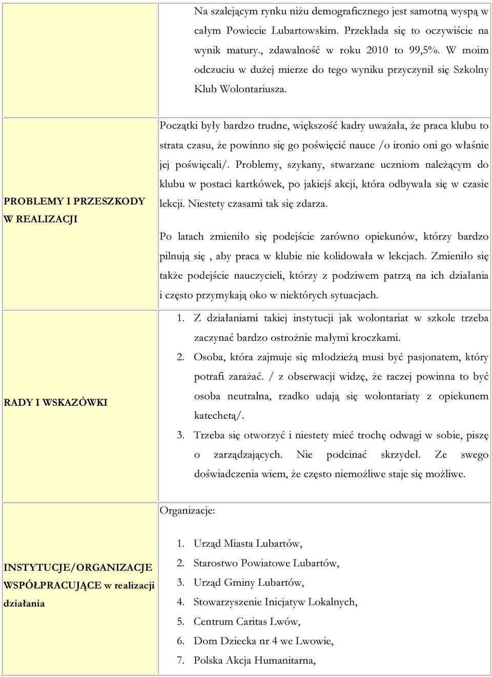 PROBLEMY I PRZESZKODY W REALIZACJI RADY I WSKAZÓWKI Początki były bardzo trudne, większość kadry uważała, że praca klubu to strata czasu, że powinno się go poświęcić nauce /o ironio oni go właśnie