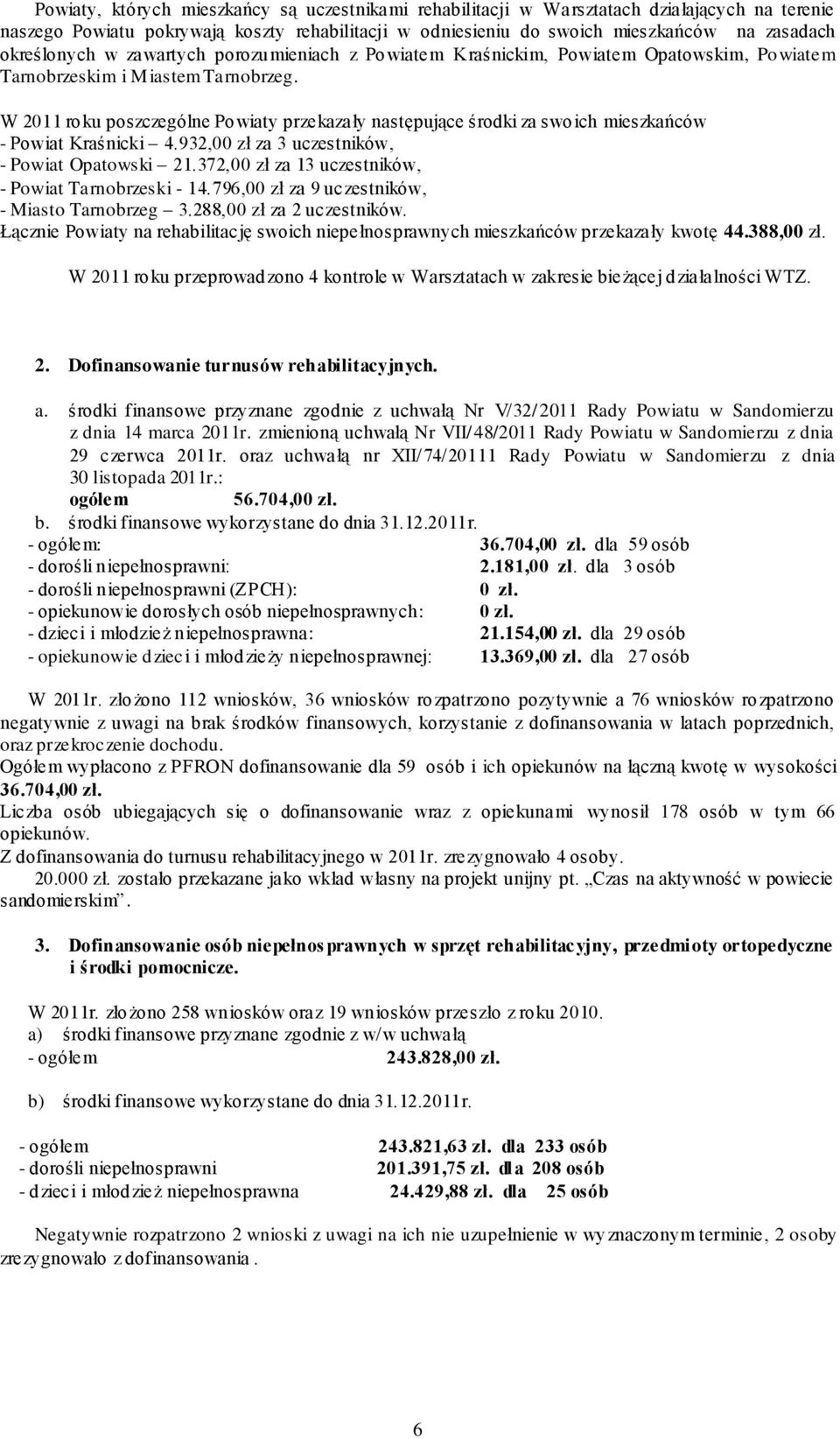 W 2011 roku poszczególne Powiaty przekazały następujące środki za swoich mieszkańców - Powiat Kraśnicki 4.932,00 zł za 3 uczestników, - Powiat Opatowski 21.