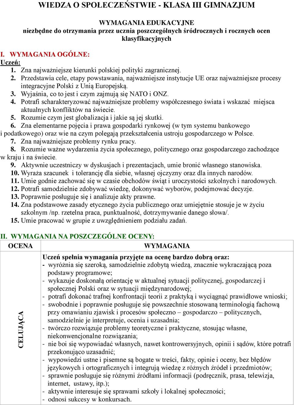 Przedstawia cele, etapy powstawania, najważniejsze instytucje UE oraz najważniejsze procesy integracyjne Polski z Unią Europejską. 3. Wyjaśnia, co to jest i czym zajmują się NATO i ONZ. 4.