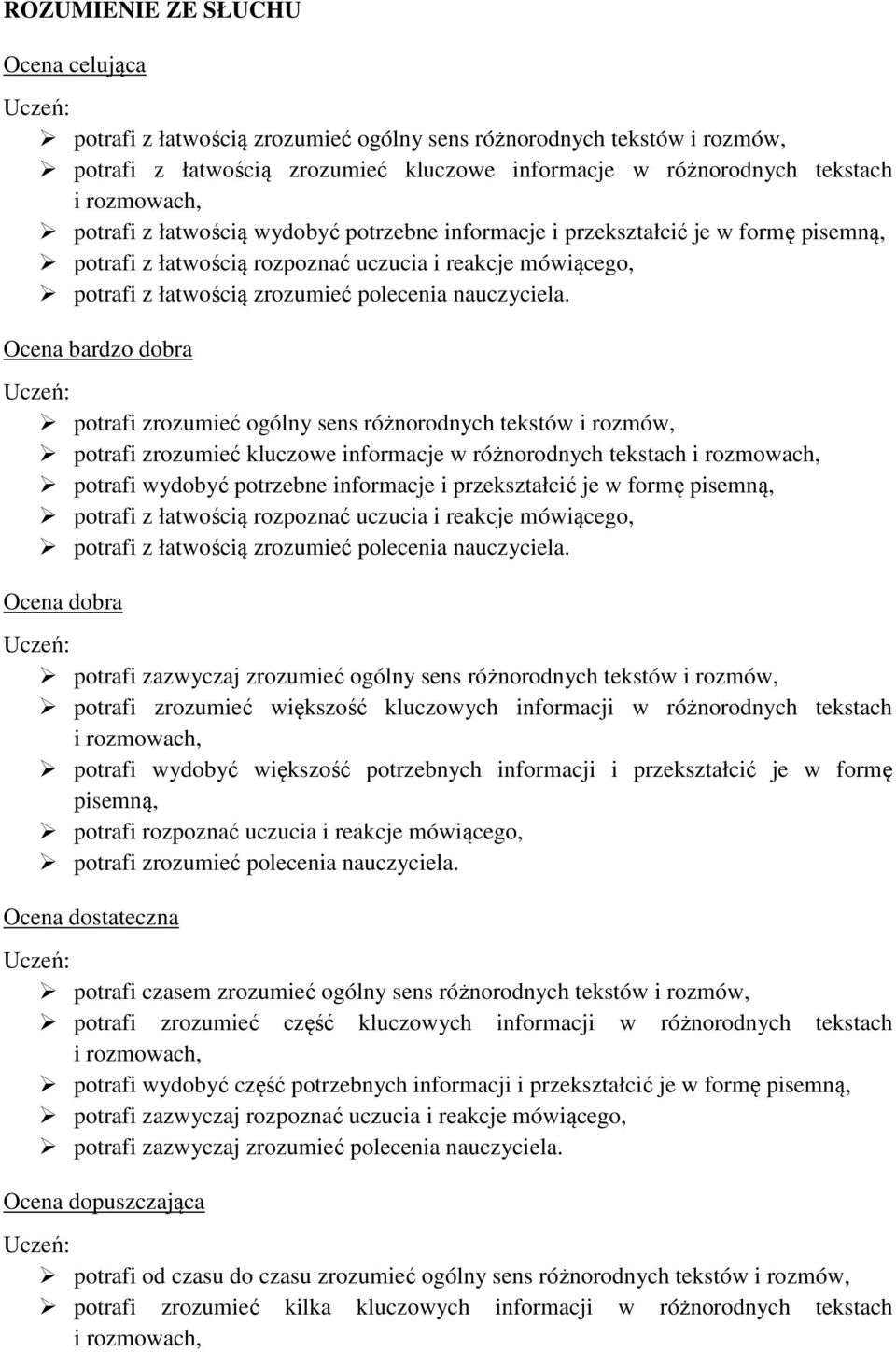 potrafi zrozumieć ogólny sens różnorodnych tekstów i rozmów, potrafi zrozumieć kluczowe informacje w różnorodnych tekstach i rozmowach, potrafi wydobyć potrzebne informacje i przekształcić je w formę