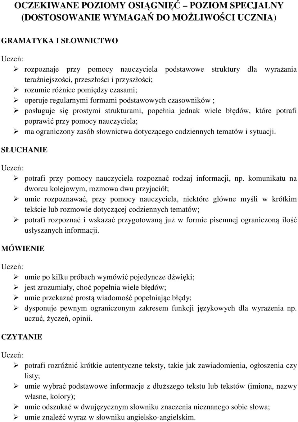 poprawić przy pomocy nauczyciela; ma ograniczony zasób słownictwa dotyczącego codziennych tematów i sytuacji. SŁUCHANIE potrafi przy pomocy nauczyciela rozpoznać rodzaj informacji, np.