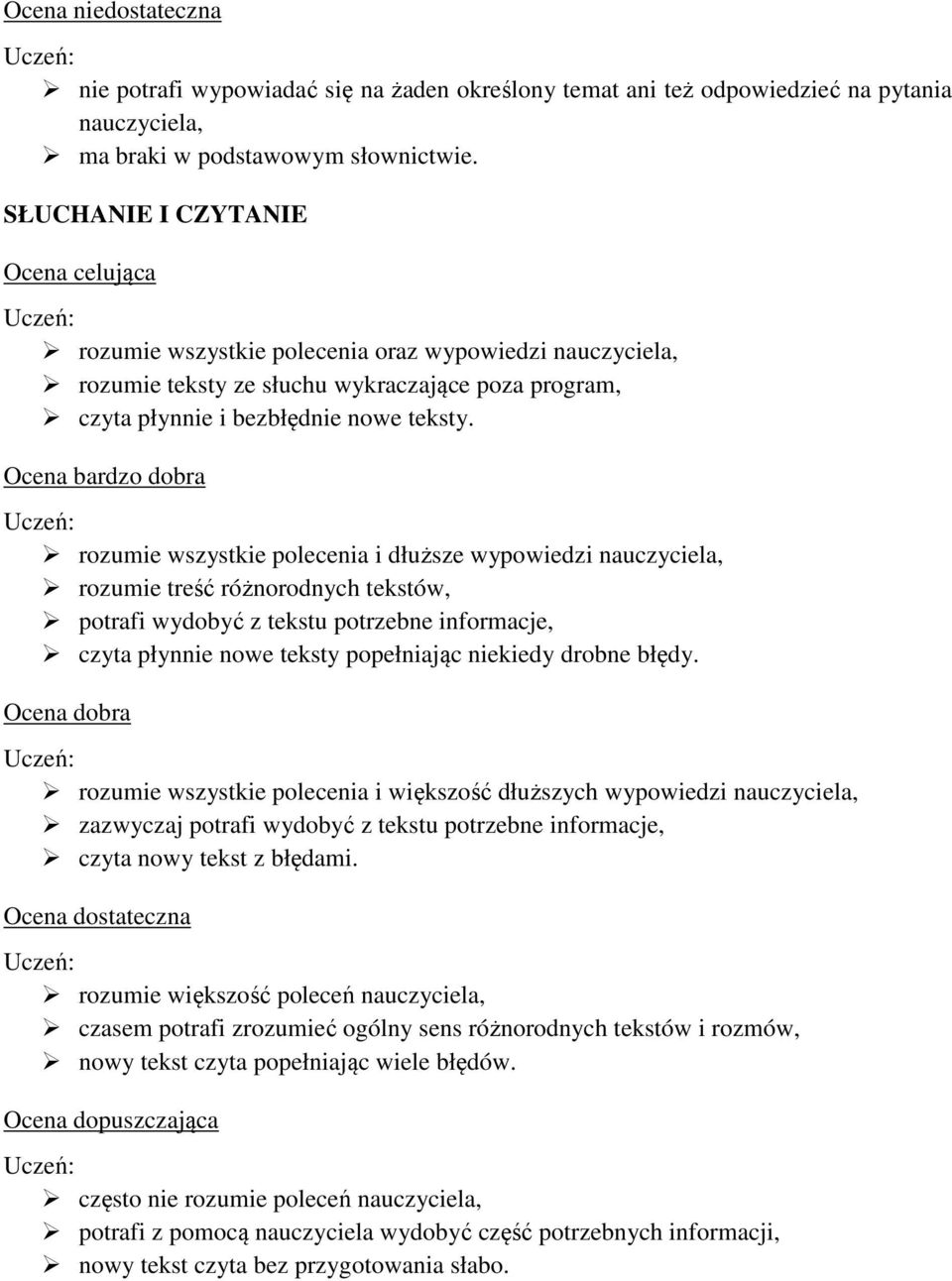 rozumie wszystkie polecenia i dłuższe wypowiedzi nauczyciela, rozumie treść różnorodnych tekstów, potrafi wydobyć z tekstu potrzebne informacje, czyta płynnie nowe teksty popełniając niekiedy drobne