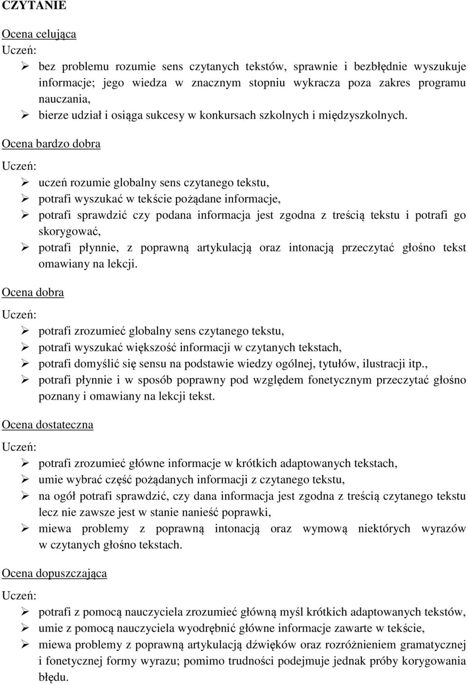 uczeń rozumie globalny sens czytanego tekstu, potrafi wyszukać w tekście pożądane informacje, potrafi sprawdzić czy podana informacja jest zgodna z treścią tekstu i potrafi go skorygować, potrafi