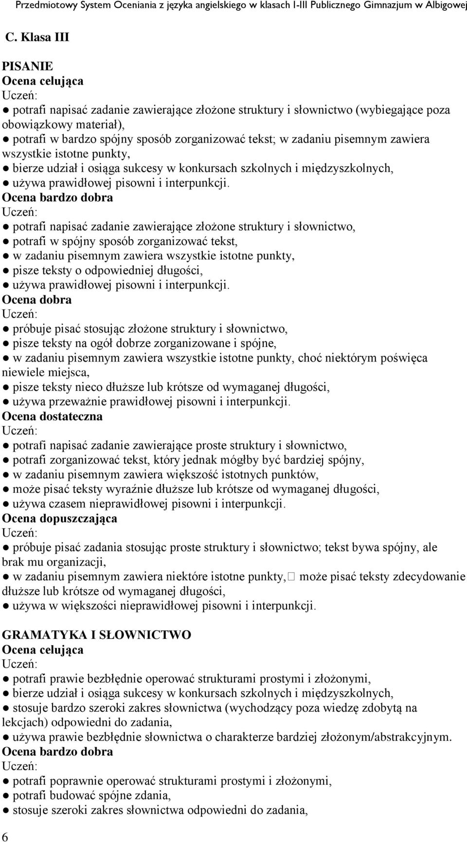 potrafi napisać zadanie zawierające złożone struktury i słownictwo, potrafi w spójny sposób zorganizować tekst, w zadaniu pisemnym zawiera wszystkie istotne punkty, pisze teksty o odpowiedniej