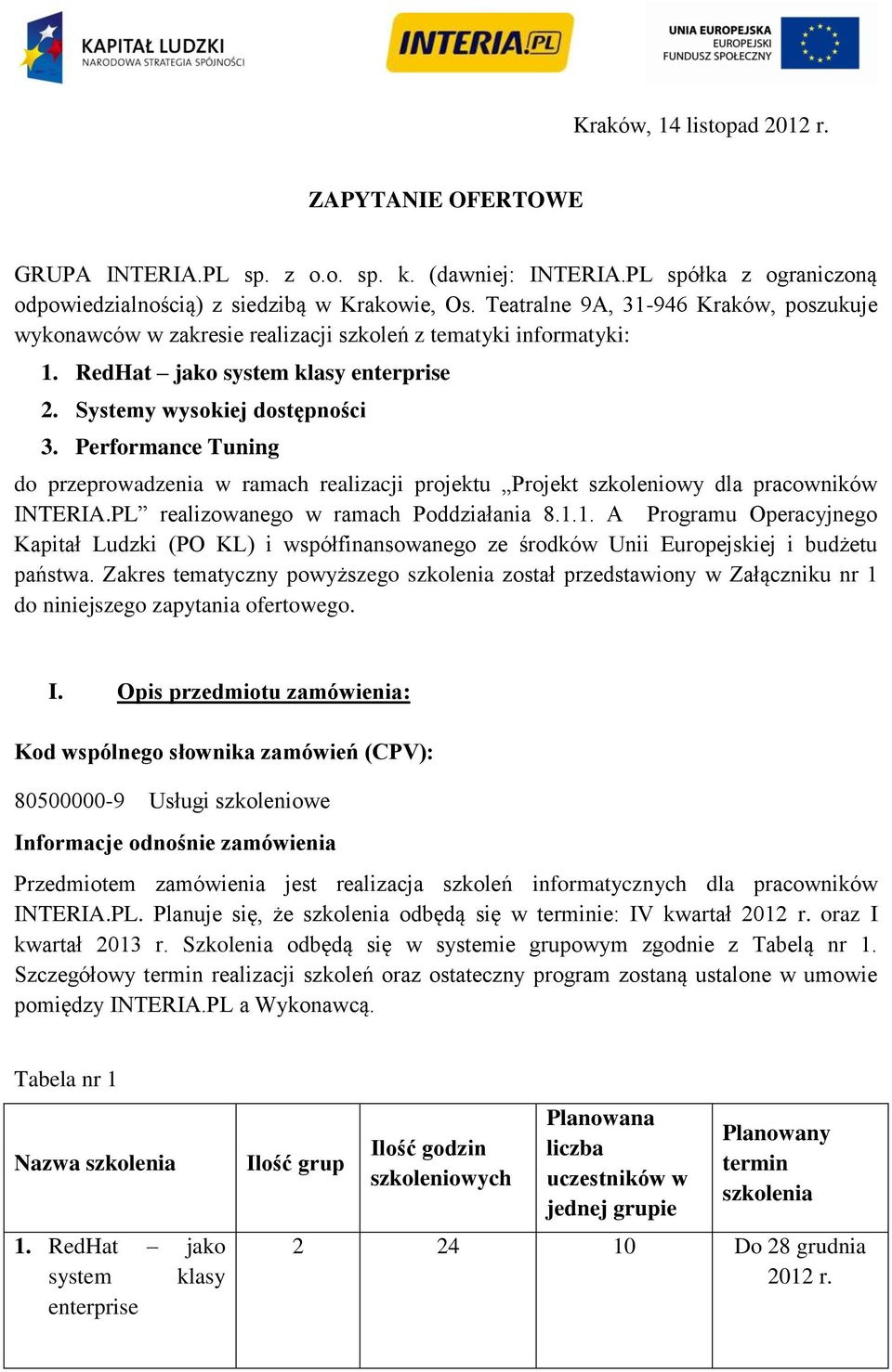 Performance Tuning do przeprowadzenia w ramach realizacji projektu Projekt szkoleniowy dla pracowników INTERIA.PL realizowanego w ramach Poddziałania 8.1.