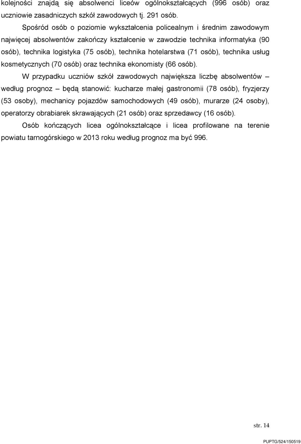 hotelarstwa (7 osób), technika usług kosmetycznych (70 osób) oraz technika ekonomisty (66 osób).