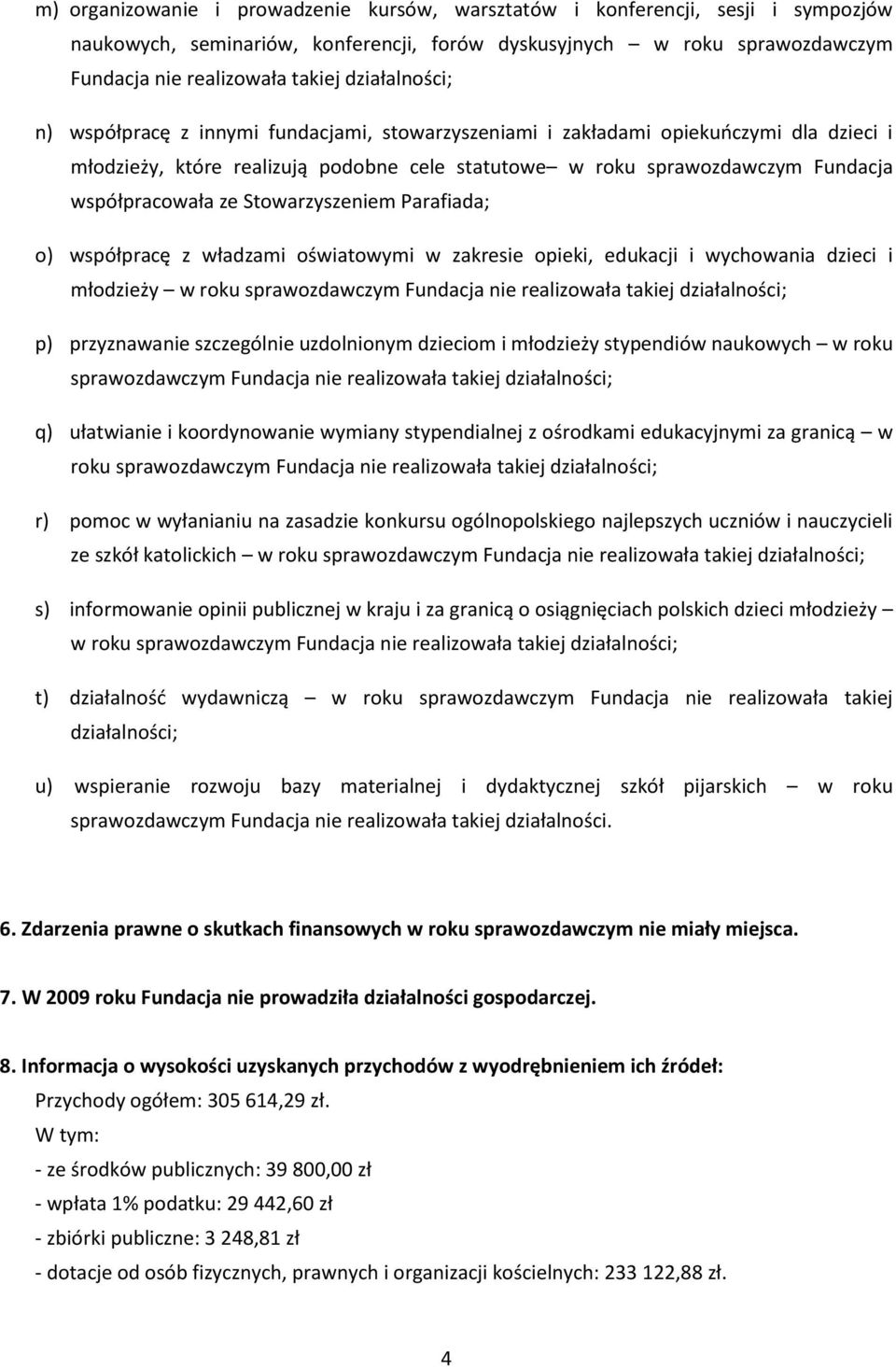 ze Stowarzyszeniem Parafiada; o) współpracę z władzami oświatowymi w zakresie opieki, edukacji i wychowania dzieci i młodzieży w roku sprawozdawczym Fundacja nie realizowała takiej działalności; p)