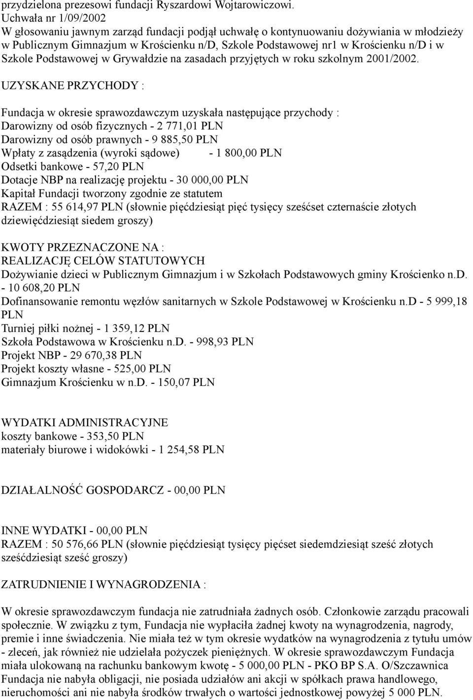 Szkole Podstawowej w Grywałdzie na zasadach przyjętych w roku szkolnym 2001/2002.