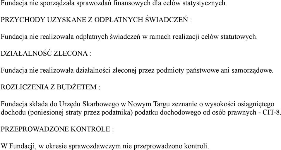 DZIAŁALNOŚĆ ZLECONA : Fundacja nie realizowała działalności zleconej przez podmioty państwowe ani samorządowe.