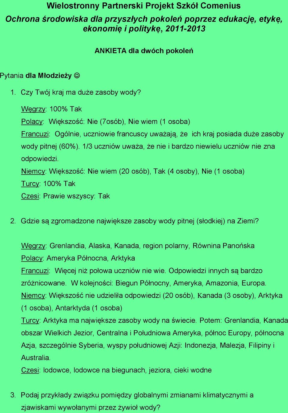 Węgrzy: 100% Tak Polacy: Większość: Nie (7osób), Nie wiem (1 osoba) Francuzi: Ogólnie, uczniowie francuscy uważają, że ich kraj posiada duże zasoby wody pitnej (60%).