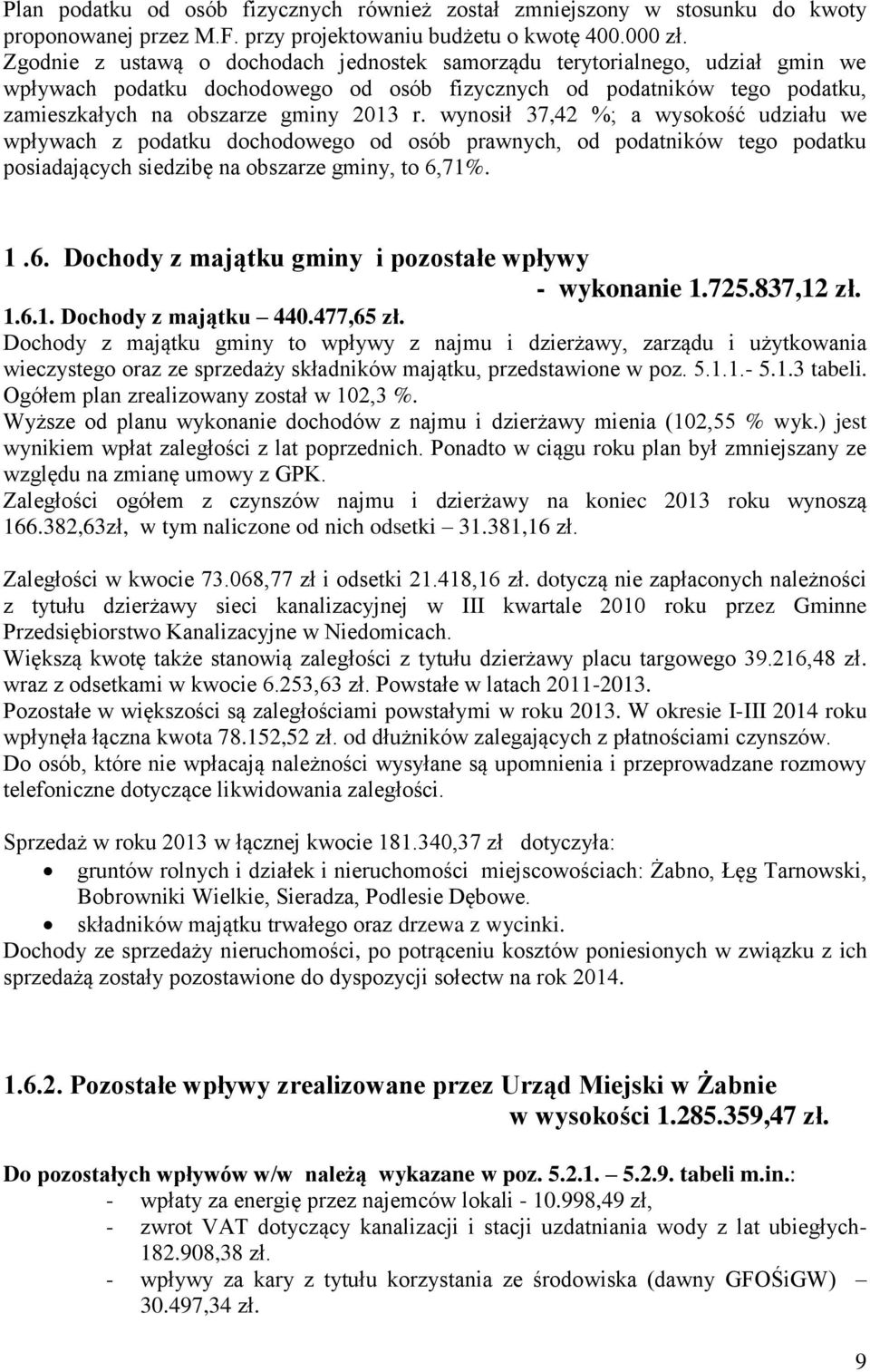 wynosił 37,42 %; a wysokość udziału we wpływach z podatku dochodowego od osób prawnych, od podatników tego podatku posiadających siedzibę na obszarze gminy, to 6,