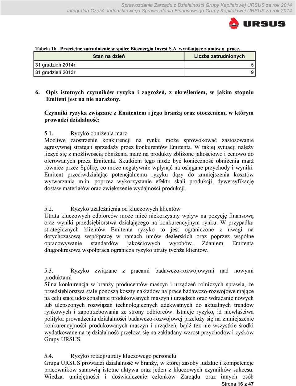 Czynniki ryzyka związane z Emitentem i jego branżą oraz otoczeniem, w którym prowadzi działalność: 5.1.