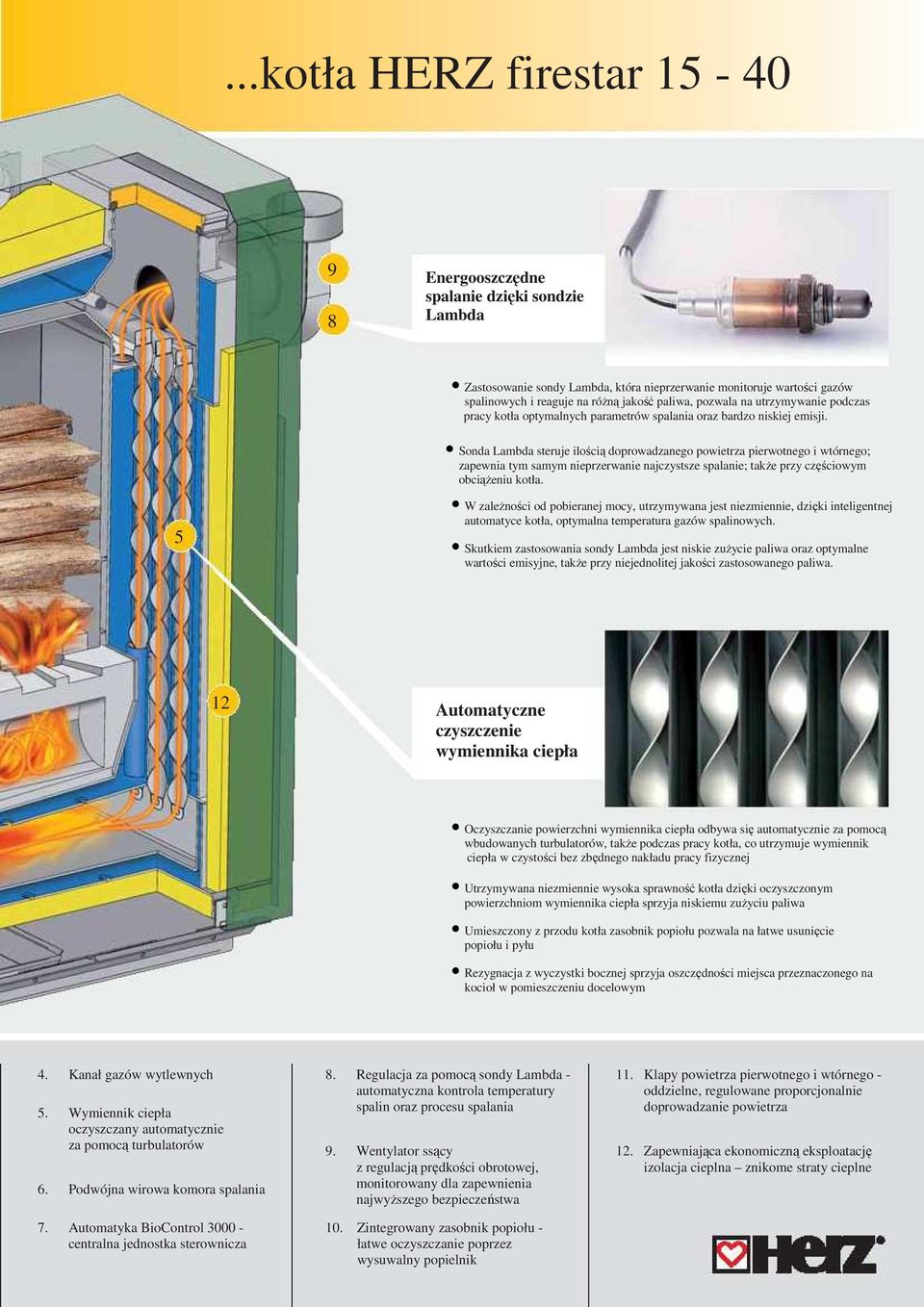 Sonda Lambda steruje ilością doprowadzanego powietrza pierwotnego i wtórnego; zapewnia tym samym nieprzerwanie najczystsze spalanie; także przy częściowym obciążeniu kotła.