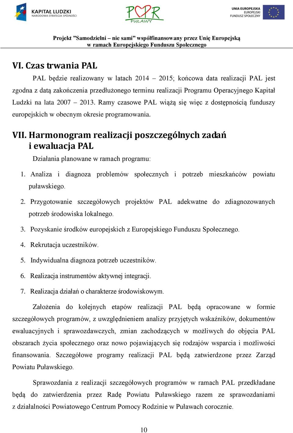 Harmonogram realizacji poszczególnych zadań i ewaluacja PAL Działania planowane w ramach programu: 1. Analiza i diagnoza problemów społecznych i potrzeb mieszkańców powiatu puławskiego. 2.