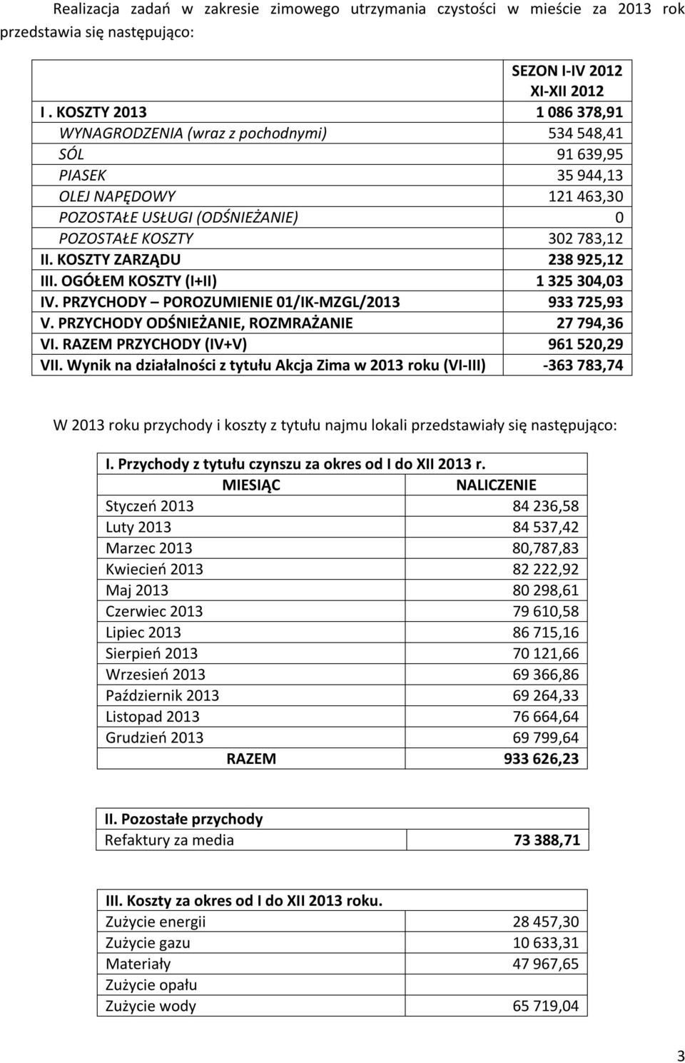 KOSZTY ZARZĄDU 238 925,12 III. OGÓŁEM KOSZTY (I+II) 1 325 304,03 IV. PRZYCHODY POROZUMIENIE 01/IK-MZGL/2013 933 725,93 V. PRZYCHODY ODŚNIEŻANIE, ROZMRAŻANIE 27 794,36 VI.