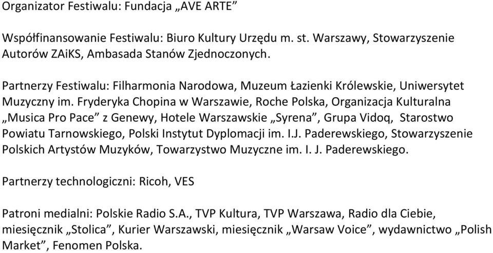 Fryderyka Chopina w Warszawie, Roche Polska, Organizacja Kulturalna Musica Pro Pace z Genewy, Hotele Warszawskie Syrena, Grupa Vidoq, Starostwo Powiatu Tarnowskiego, Polski Instytut Dyplomacji im. I.J.