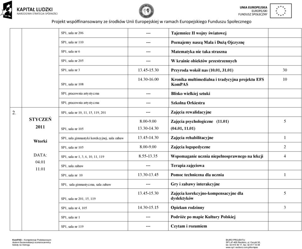 SP1, sala nr 10, 11, 15, 119, 201 --- Zajęcia rewalidacyjne SP1, sala nr 105 8.00-9.00 Zajęcia psychologiczne (11.01) 13.30-14.30 (04.01, 11.01) 5 Wtorki 04.01 11.