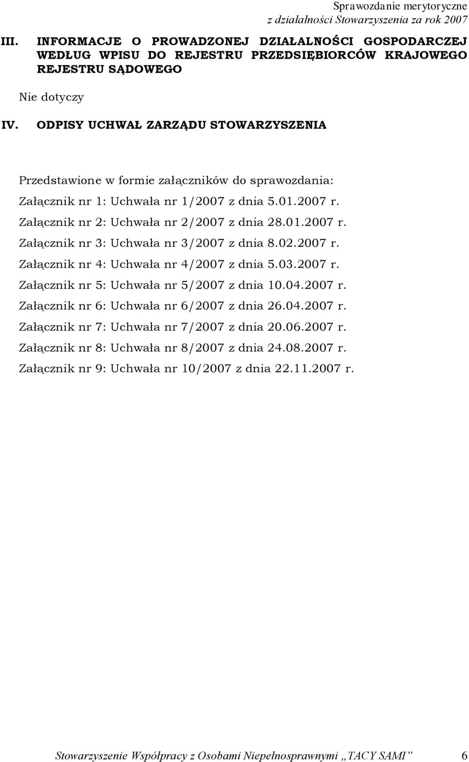 02.2007 r. Załącznik nr 4: Uchwała nr 4/2007 z dnia 5.03.2007 r. Załącznik nr 5: Uchwała nr 5/2007 z dnia 10.04.2007 r. Załącznik nr 6: Uchwała nr 6/2007 z dnia 26.04.2007 r. Załącznik nr 7: Uchwała nr 7/2007 z dnia 20.