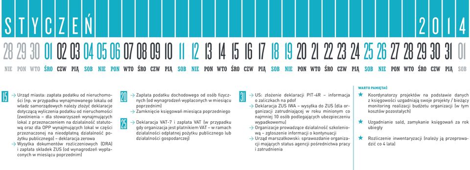 w przypadku wynajmowanego lokalu od władz samorządowych należy złożyć deklaracje dotyczącą wyliczenia podatku od nieruchomości (zwolnienia dla stowarzyszeń wynajmujących lokal z przeznaczeniem na