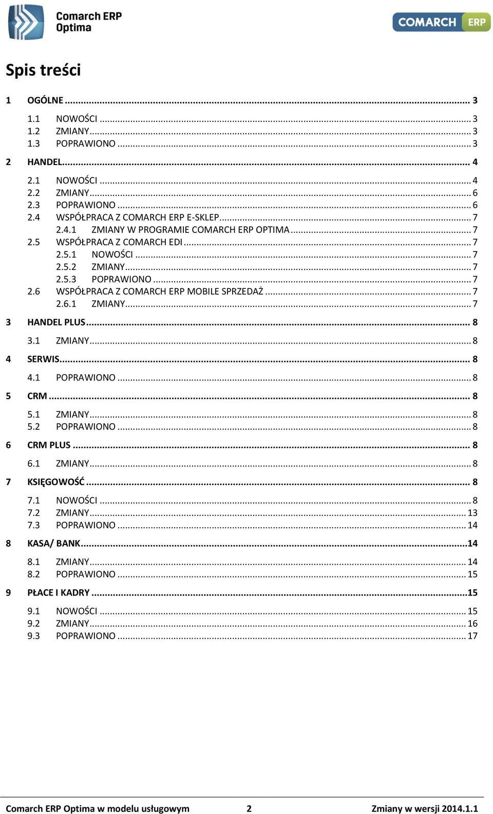 .. 8 4.1 POPRAWIONO... 8 5 CRM... 8 5.1 ZMIANY... 8 5.2 POPRAWIONO... 8 6 CRM PLUS... 8 6.1 ZMIANY... 8 7 KSIĘGOWOŚĆ... 8 7.1 NOWOŚCI... 8 7.2 ZMIANY... 13 7.3 POPRAWIONO... 14 8 KASA/ BANK...14 8.1 ZMIANY... 14 8.2 POPRAWIONO... 15 9 PŁACE I KADRY.