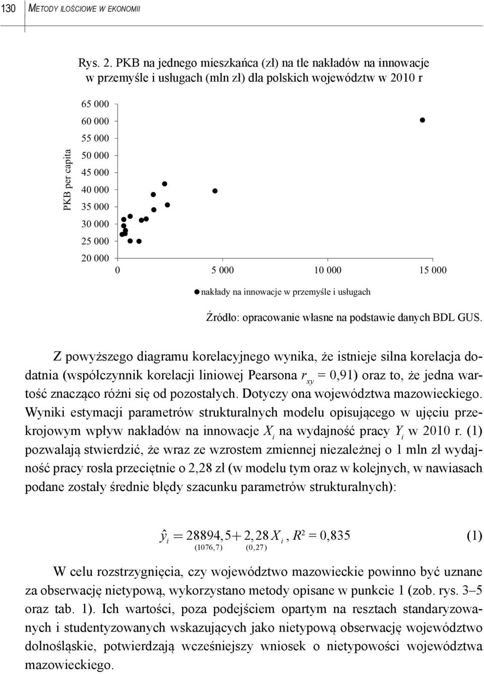 Z powyższego dagramu korelacyjnego wynka, że stneje slna korelacja dodatna (współczynnk korelacj lnowej Pearsona r xy = 0,91) oraz to, że jedna wartość znacząco różn sę od pozostałych.