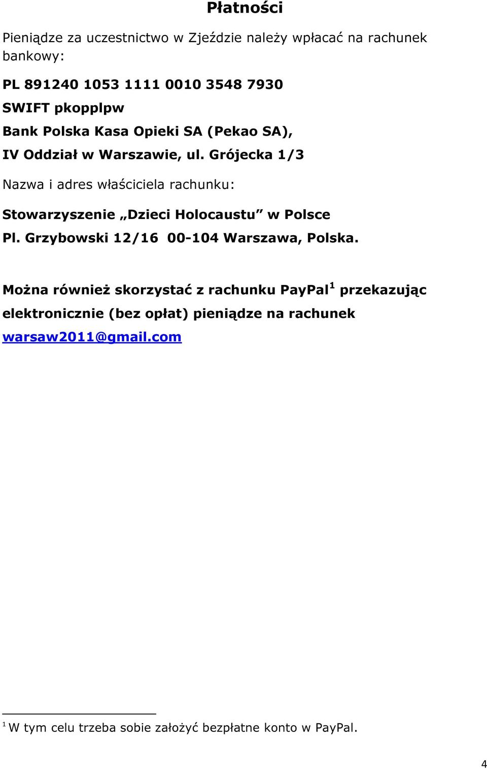 Grójecka 1/3 Nazwa i adres właściciela rachunku: Stowarzyszenie Dzieci Holocaustu w Polsce Pl.