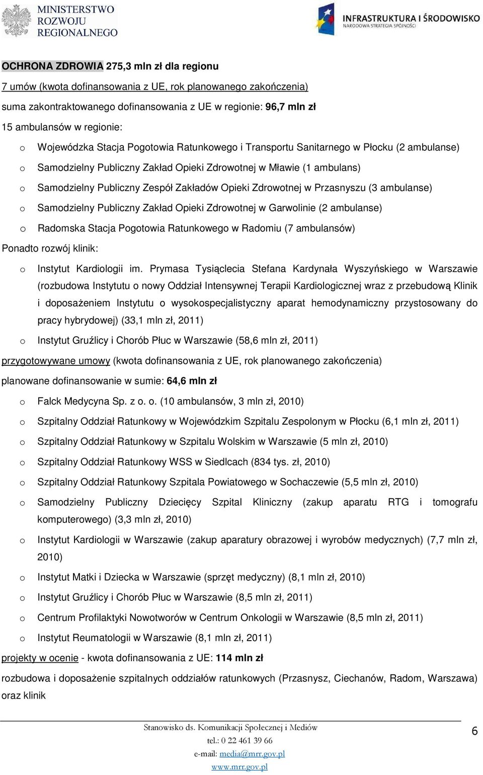 ambulanse) Samdzielny Publiczny Zakład Opieki Zdrwtnej w Garwlinie (2 ambulanse) Radmska Stacja Pgtwia Ratunkweg w Radmiu (7 ambulansów) Pnadt rzwój klinik: Instytut Kardilgii im.