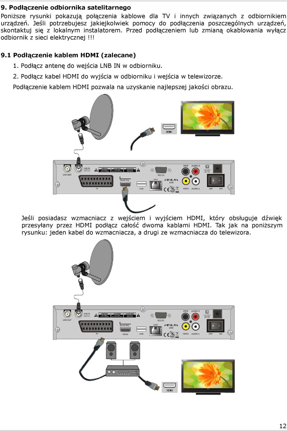 !! 9.1 Podłączenie kablem HDMI (zalecane) 1. Podłącz antenę do wejścia LNB IN w odbiorniku. 2. Podłącz kabel HDMI do wyjścia w odbiorniku i wejścia w telewizorze.
