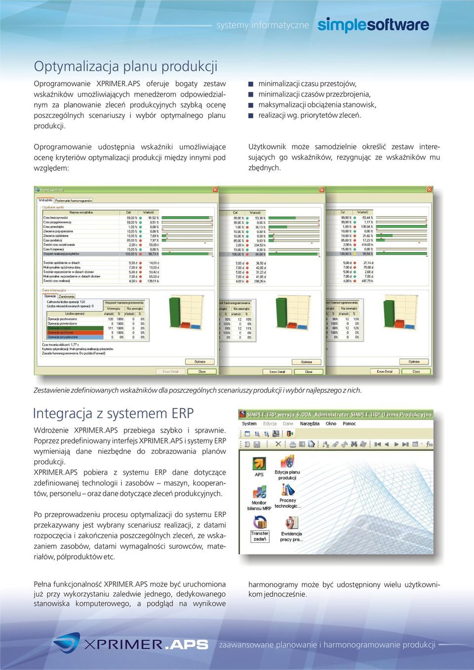 Oprogramowanie udostêpnia wskaÿniki umo liwiaj¹ce ocenê kryteriów optymalizacji produkcji miêdzy innymi pod wzglêdem: minimalizacji czasu przestojów, minimalizacji czasów przezbrojenia,