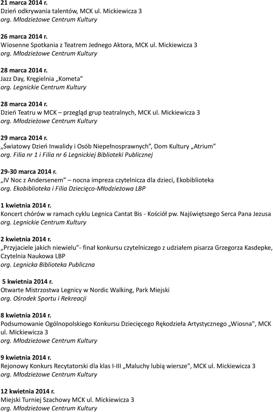 Światowy Dzień Inwalidy i Osób Niepełnosprawnych, Dom Kultury Atrium org. Filia nr 1 i Filia nr 6 Legnickiej Biblioteki Publicznej 29-30 marca 2014 r.