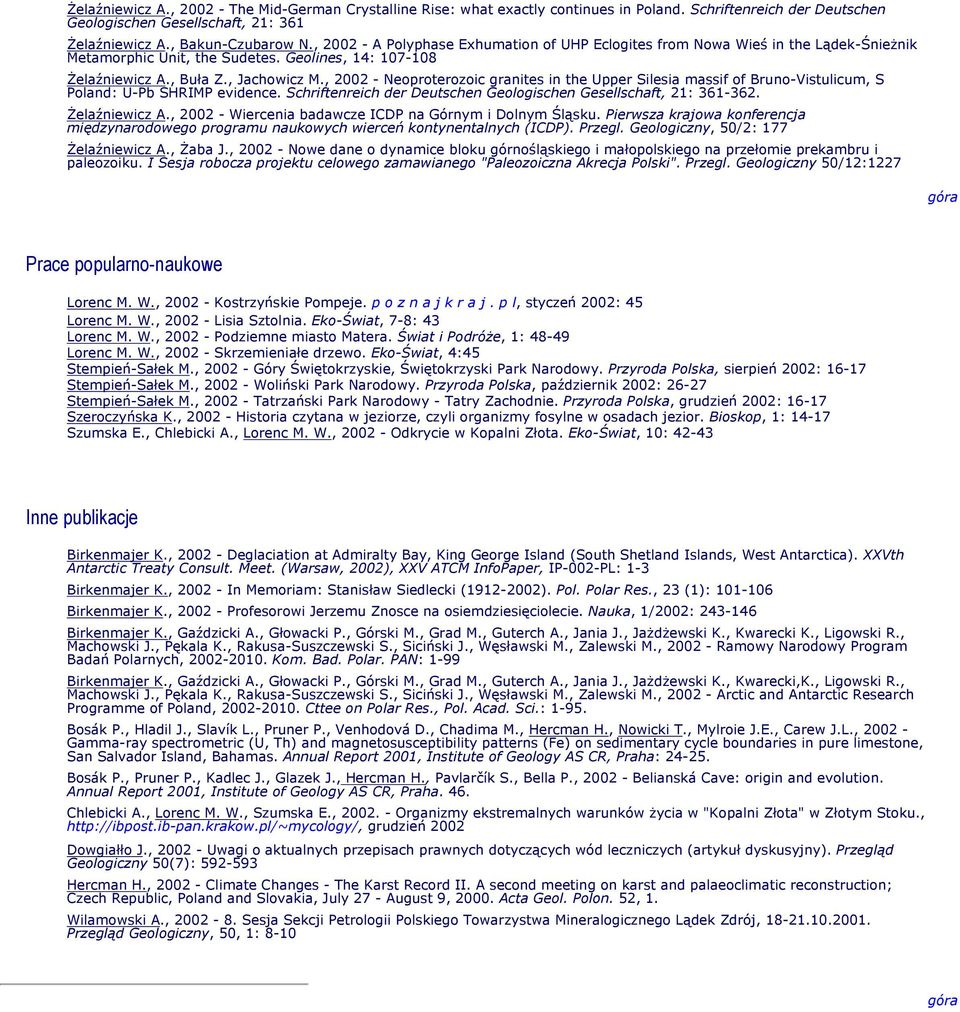 , 2002 - Neoproterozoic granites in the Upper Silesia massif of Bruno-Vistulicum, S Poland: U-Pb SHRIMP evidence. Schriftenreich der Deutschen Geologischen Gesellschaft, 21: 361-362. Żelaźniewicz A.